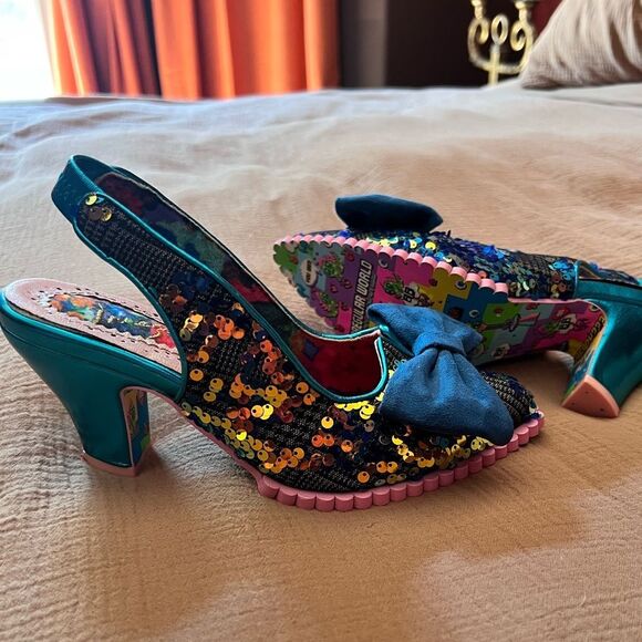 🌸 IRREGULAR CHOICE Blue sequin bow game over pointy sling back heel shoes size 7 - Picture 6 of 6